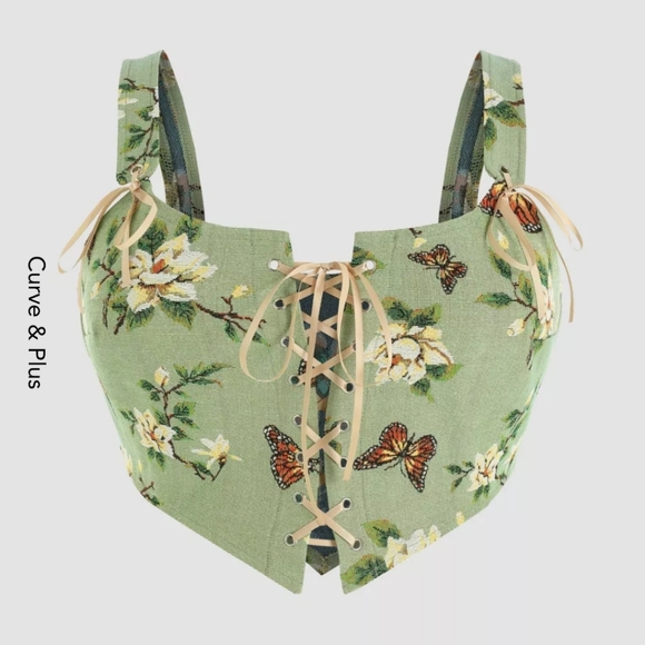 Cider Tops Nwt Cider Size 2x Green Floral Corset Butterfly Poshmark